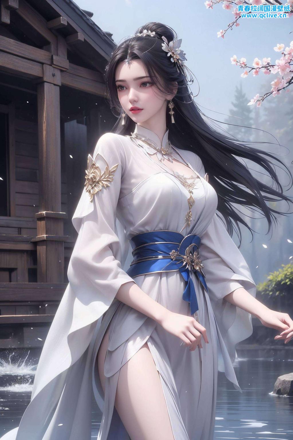 高清AI人物特写素材水彩4K国漫美女古风壁纸精致的古风服饰